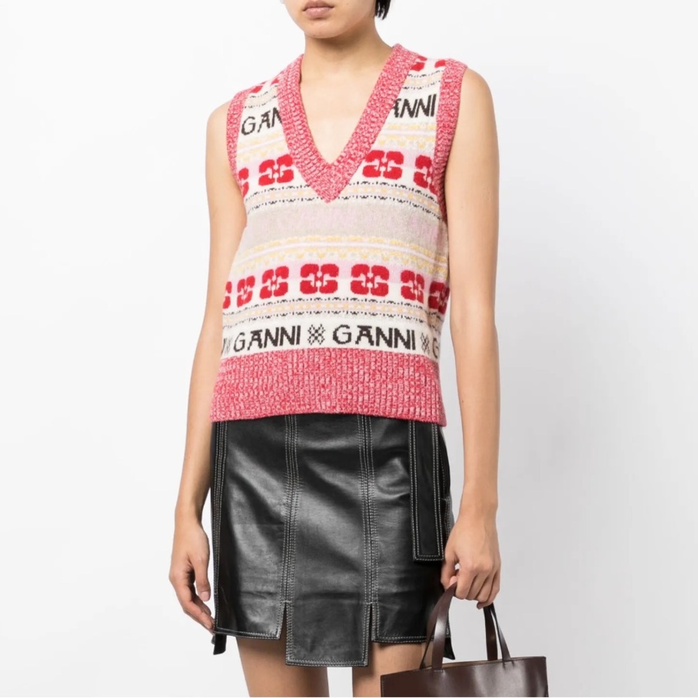 Ganni Vest Intarsia-knit Logo Pink Red and Cream Sleeveless Knit Top